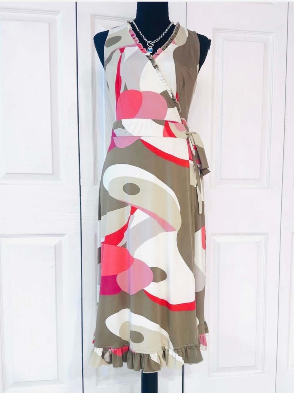 JONATHAN MARTIN ~ Army Green and Pink Ruffled A-Line Sleeveless Midi Dress